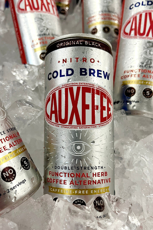 Cauxffee cold brew coffee can on ice with other similar cans in the background.