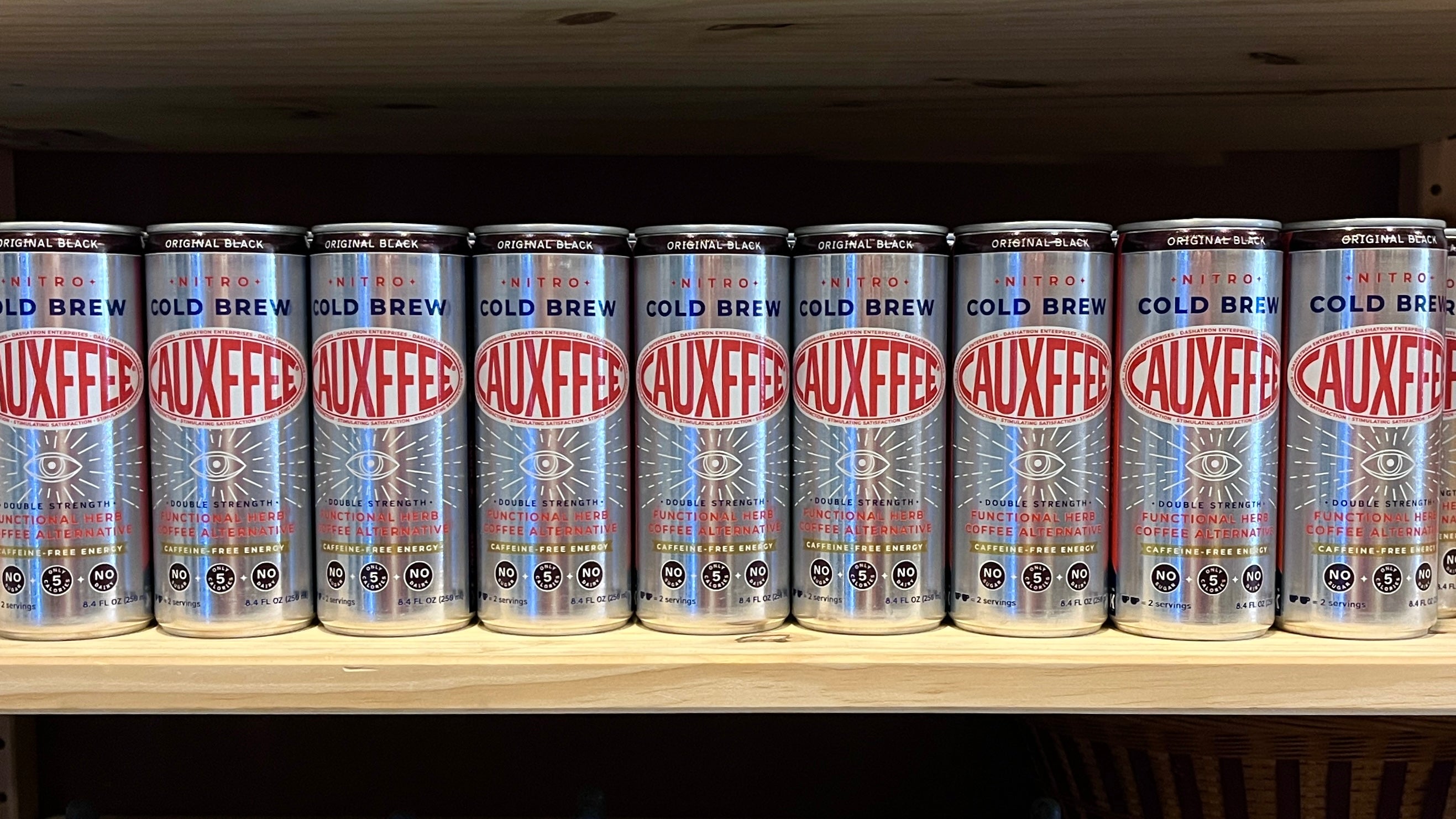 Row of Cauxffee Cans on shelf