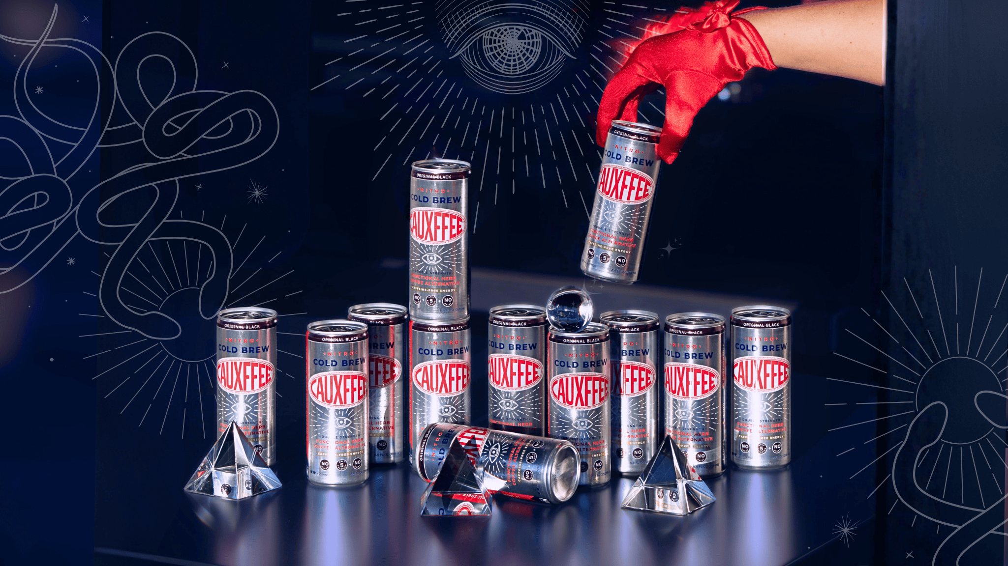 Cans of a product with visible branding on a dark background