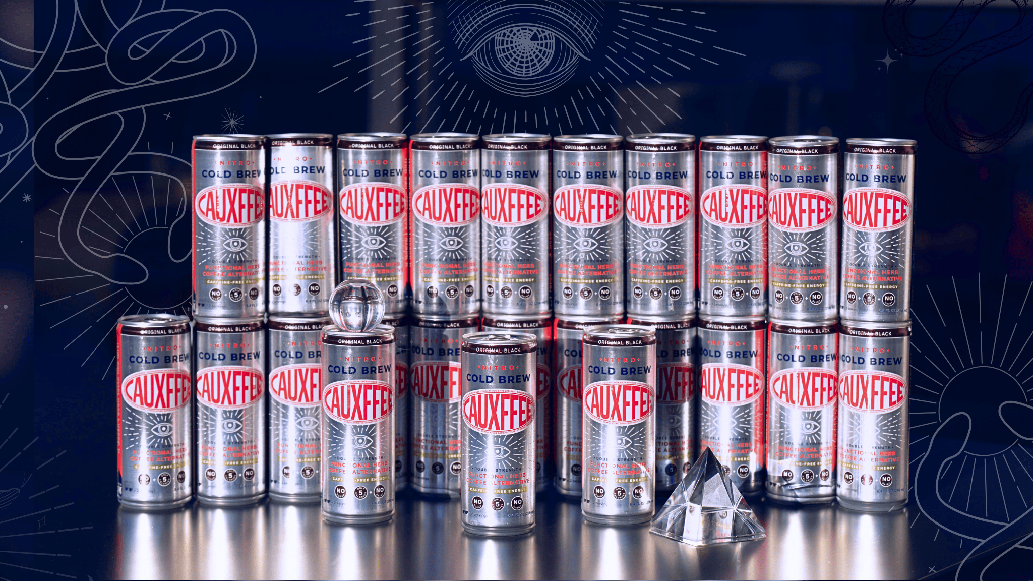 Multiple cans of Cauxffee on a reflective surface with a dark background